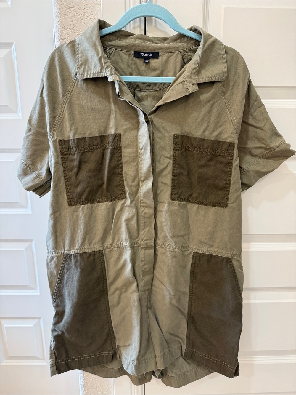 Madewell Olive Two-Tone Patch Pocket Short-Sleeve Button Romper